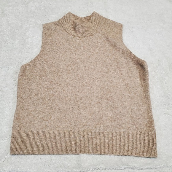 Tahari Sweaters - Tahari Cream Brown Mockneck Sleeveless Wool Knit Sweater Women Large Classic‎